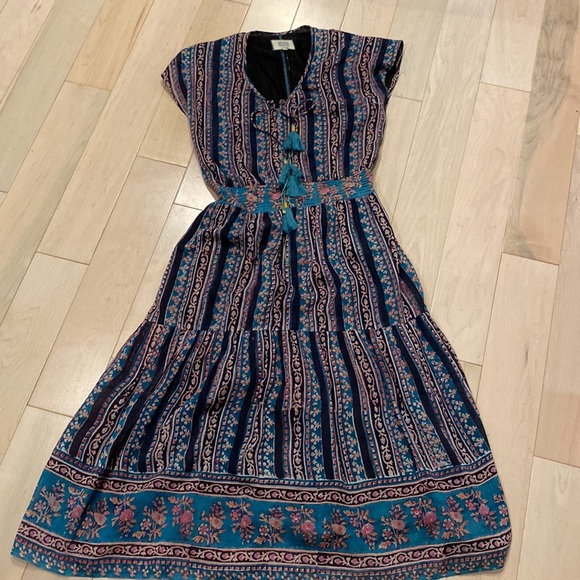 BELL by Alicia soft silk cotton tiered teal pink floral dress M - Picture 7 of 16